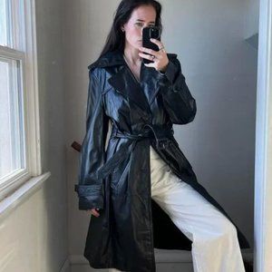 Vintage 70s Black Leather Trench Coat Jacket Dagger Lapels Belted Midi Length
